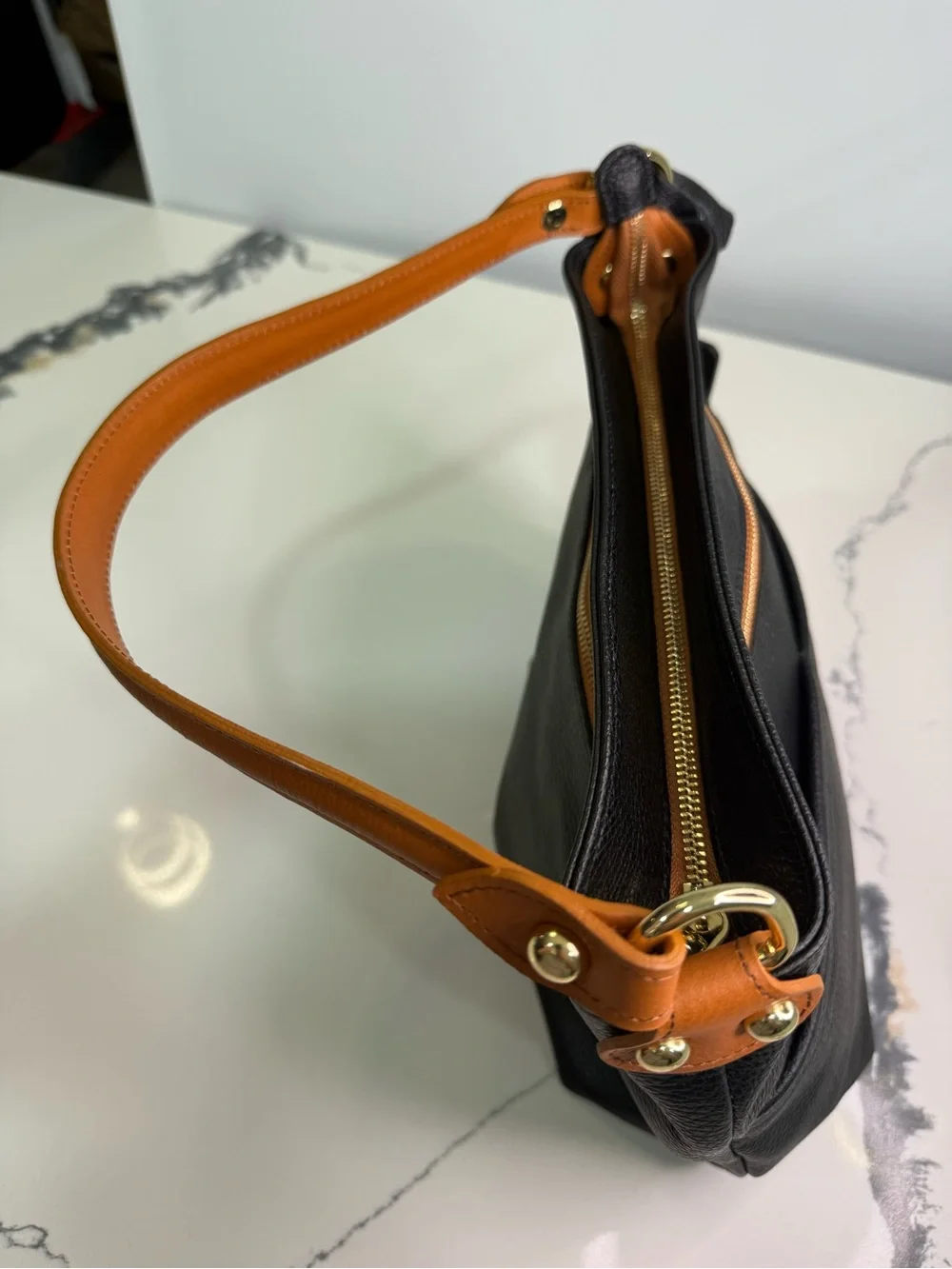 VALENTINA Made in Italy Black/Tan Pebbled Leather Shoulder/CrossBody Bag
